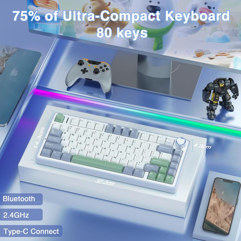 Official AULA F75 75% Wireless Mechanical Gaming Keyboard with Hot Swappable Tri-Mode USB Charging Keyboard RGB Rainbow Backlight Knob Control Gaming Cream Keyboard Budget Keyboard Bluetooth Office PC Accessories Dealsforyoudays Back School Supplies