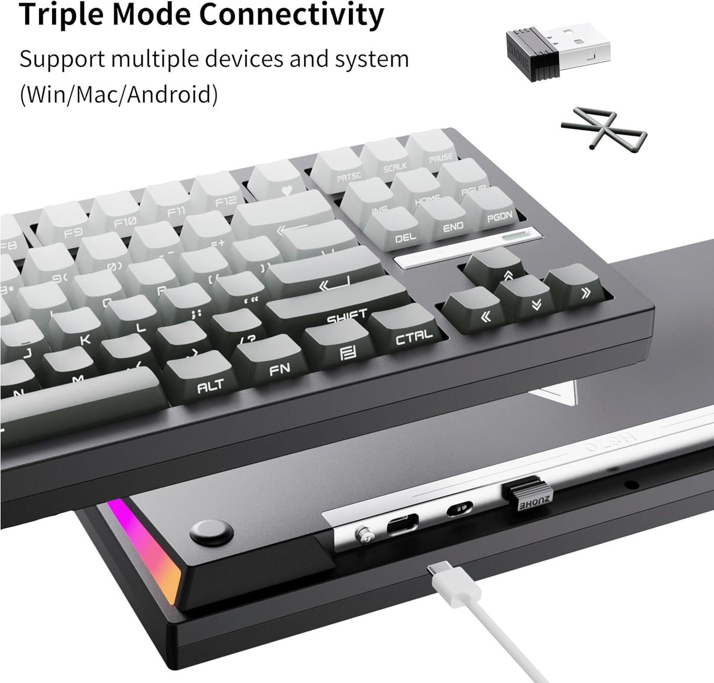 ZH870 Wireless Mechanical Gaming Keyboard,80% Black Custom Creamy Sound Keyboard with Shine through PBT Keycaps,Pre-Lubed Linear Switches,Hot-Swappable,Rgb Backlit,2.4Ghz/Usb-C/Bt5.0
