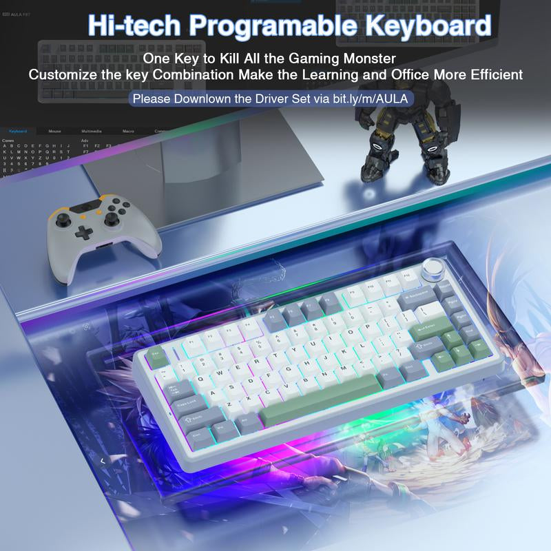 Official AULA F75 75% Wireless Mechanical Gaming Keyboard with Hot Swappable Tri-Mode USB Charging Keyboard RGB Rainbow Backlight Knob Control Gaming Cream Keyboard Budget Keyboard Bluetooth Office PC Accessories Dealsforyoudays Back School Supplies