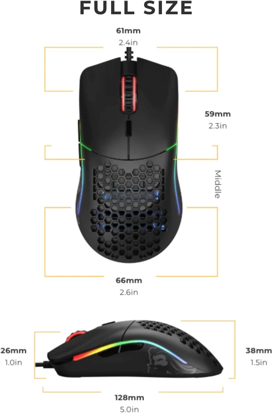 Model O Wired Gaming Mouse 67G Superlight Honeycomb Design, RGB, Pixart 3360 Sensor, Omron Switches, Ambidextrous - Matte Black