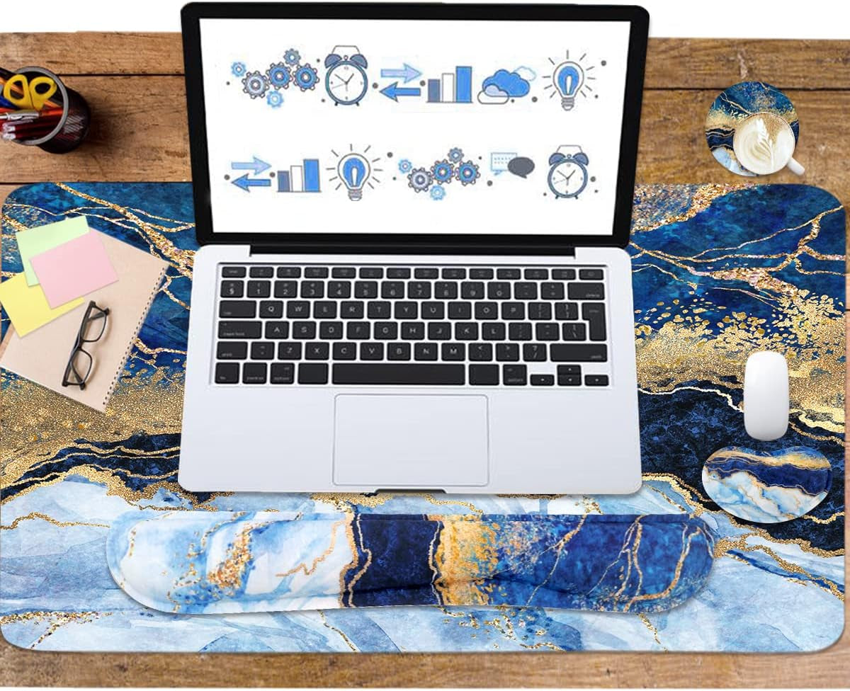 4-In-1 Large Gaming Mouse Pad, Keyboard Wrist Rest Pad & Wrist Support Mousepad Set, Extended Desk Pad Waterproof Desk Mat for Home Office Study Game - Blue Gold Marble