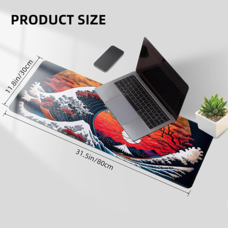 Japanese Sea Waves Large Gaming Mouse Pad for Desk, Desk 31.5" X 11.8", Red