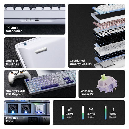 Epomaker Galaxy100 1800 ANSI Layout via Gaming Wireless Keyboard with Knob - Aluminum Gasket Keyboard with Cushioning Materials South-Facing RGB Backlight Hot-Swappable Creamy Keyboards Tri-Mode USB Charging Bluetooth Custom Tiktokshopbacktoschool