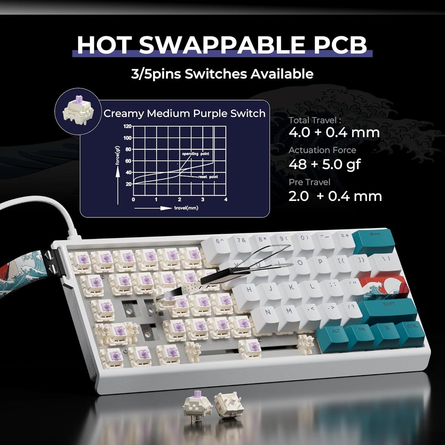 X XVX 60% Percent Keyboard with Strap, H61 Wired Aluminum Gaming Keyboard, Hot Swappable, Kanagawa Anime PBT Keycaps, RGB Backlit, Cherry Profile, Sound Absorbing Pads, Creamy Linear Switch