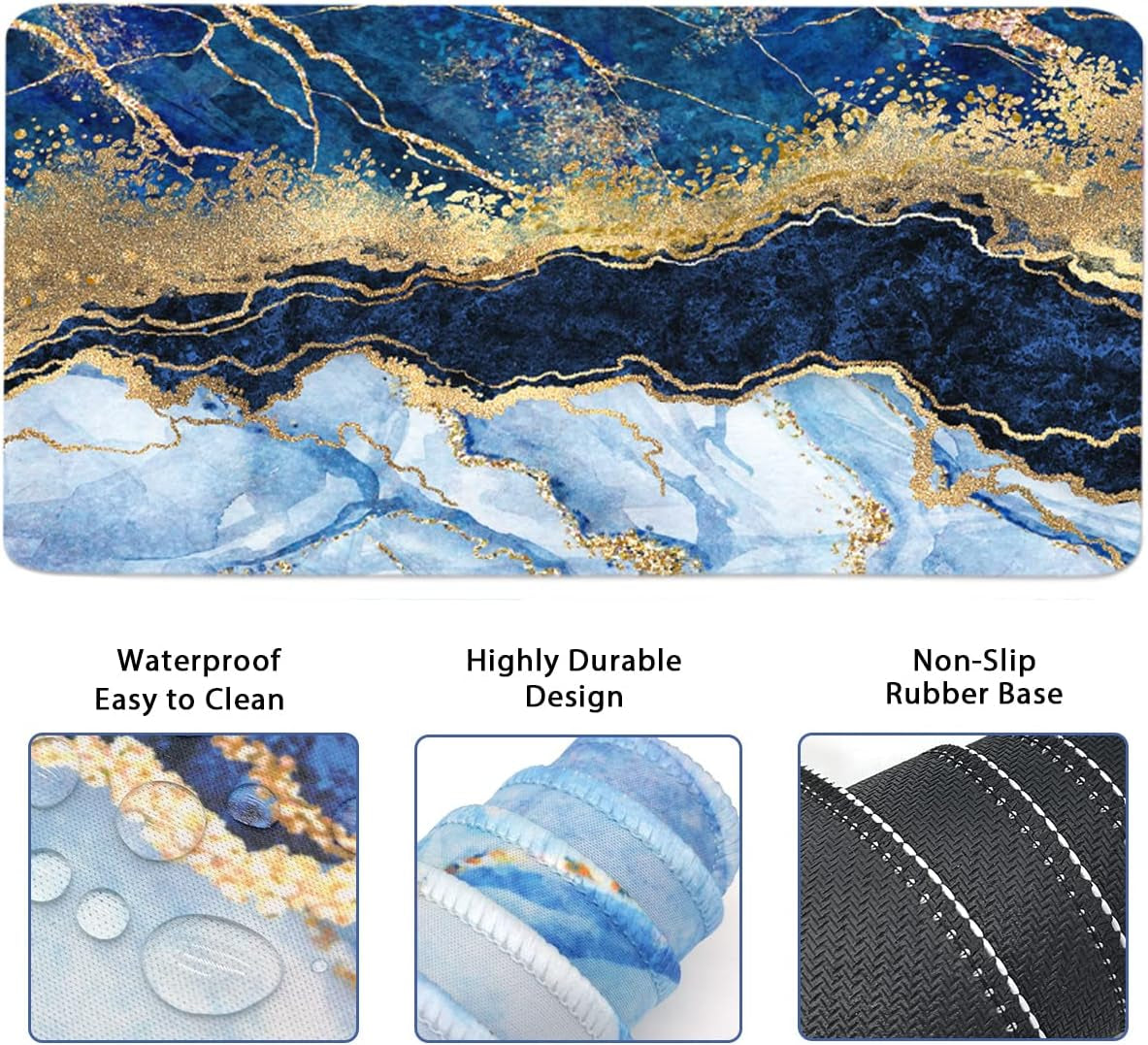 4-In-1 Large Gaming Mouse Pad, Keyboard Wrist Rest Pad & Wrist Support Mousepad Set, Extended Desk Pad Waterproof Desk Mat for Home Office Study Game - Blue Gold Marble