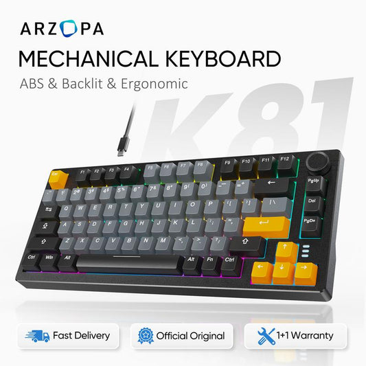 ARZOPA 75% Mechanical Gaming Keyboard Wired, RGB Backlit 81 Keys Compact Mechanical Keyboard Socket Dedicated Red Switch Gasket Mount Keyboard Knob Volume Control Linear Sound Absorbing Pads for Game and Office, Suitable for Windows Laptop PC Mac