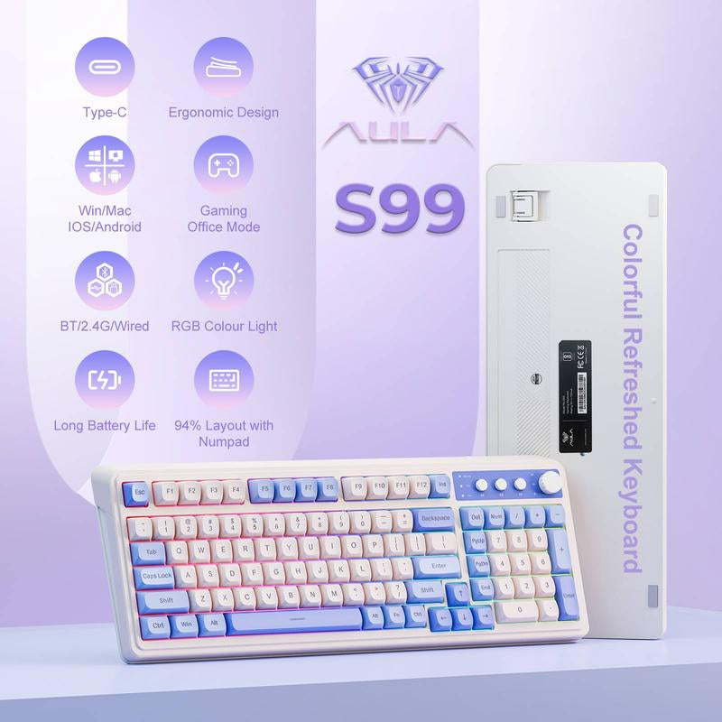 AULA S99 Key Keyboard, Tri-Mode Bluetooth/2.4Ghz/Usb-C Cute Creamy Gaming Keyboard with Number Pad RGB Backlit, Media Knob Custom Mechanical Feel Computer Keyboard for MAC Xbox PC Gamer - Purple S99 Keyboard Fixed Keycaps & Switches (Non-Replaceable)