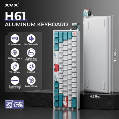 X XVX 60% Percent Keyboard with Strap, H61 Wired Aluminum Gaming Keyboard, Hot Swappable, Kanagawa Anime PBT Keycaps, RGB Backlit, Cherry Profile, Sound Absorbing Pads, Creamy Linear Switch