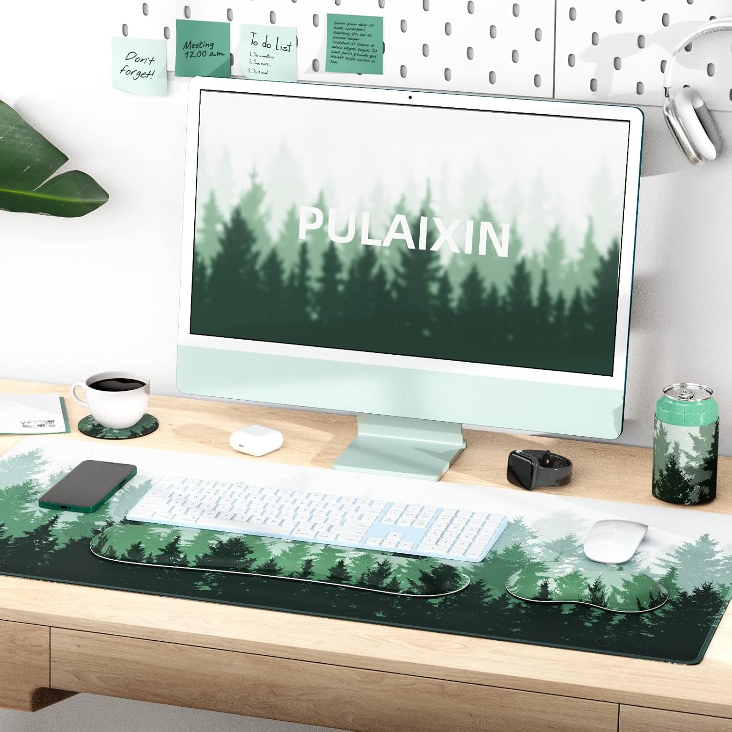 Desk Mat, Green Forests Desk Pad, Waterproof Large Mouse Pad, 5 in 1 Mouse Pads, Non-Slip Mousepad, Gaming Mouse Pad for Home and Office (34.5'' X 15.7'', Green Forests)