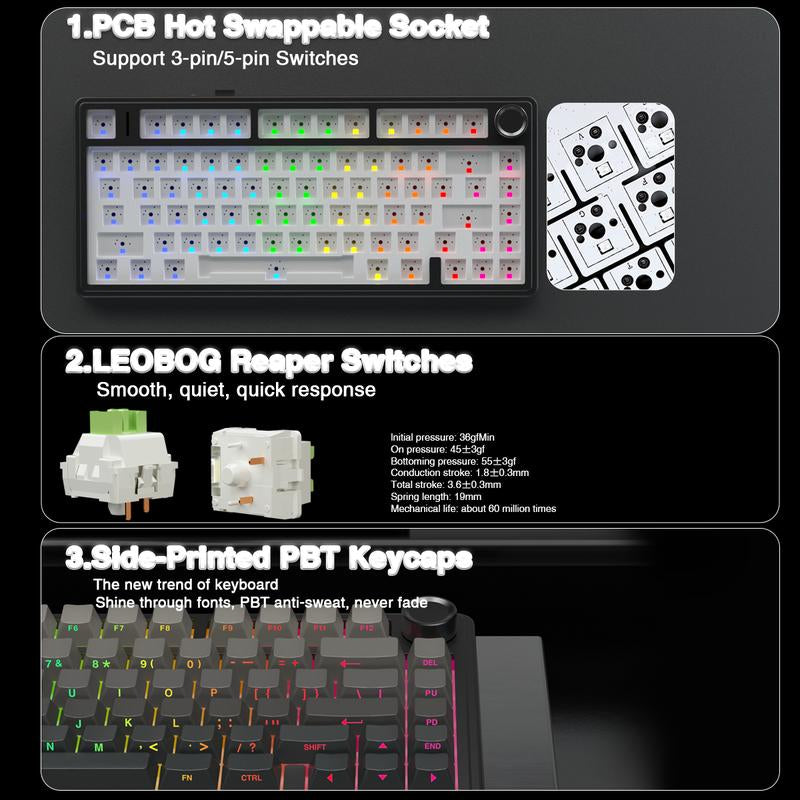AULA F75 Pro Mechanical Keyboard RGB Backlit 2.4G Wireless Bluetooth Hot-Swappable Gaming Keyboard for Gamers Gaming PC Accessories Gasket Custom Creamy Keyboard Tiktokshopbacktoschool