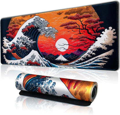 Japanese Sea Waves Large Gaming Mouse Pad for Desk, Desk 31.5" X 11.8", Red