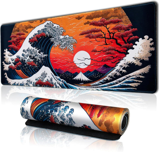 Japanese Sea Waves Large Gaming Mouse Pad for Desk, Desk 31.5" X 11.8", Red