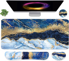 4-In-1 Large Gaming Mouse Pad, Keyboard Wrist Rest Pad & Wrist Support Mousepad Set, Extended Desk Pad Waterproof Desk Mat for Home Office Study Game - Blue Gold Marble