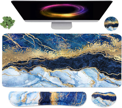 4-In-1 Large Gaming Mouse Pad, Keyboard Wrist Rest Pad & Wrist Support Mousepad Set, Extended Desk Pad Waterproof Desk Mat for Home Office Study Game - Blue Gold Marble