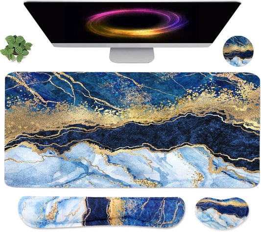 4-In-1 Large Gaming Mouse Pad, Keyboard Wrist Rest Pad & Wrist Support Mousepad Set, Extended Desk Pad Waterproof Desk Mat for Home Office Study Game - Blue Gold Marble