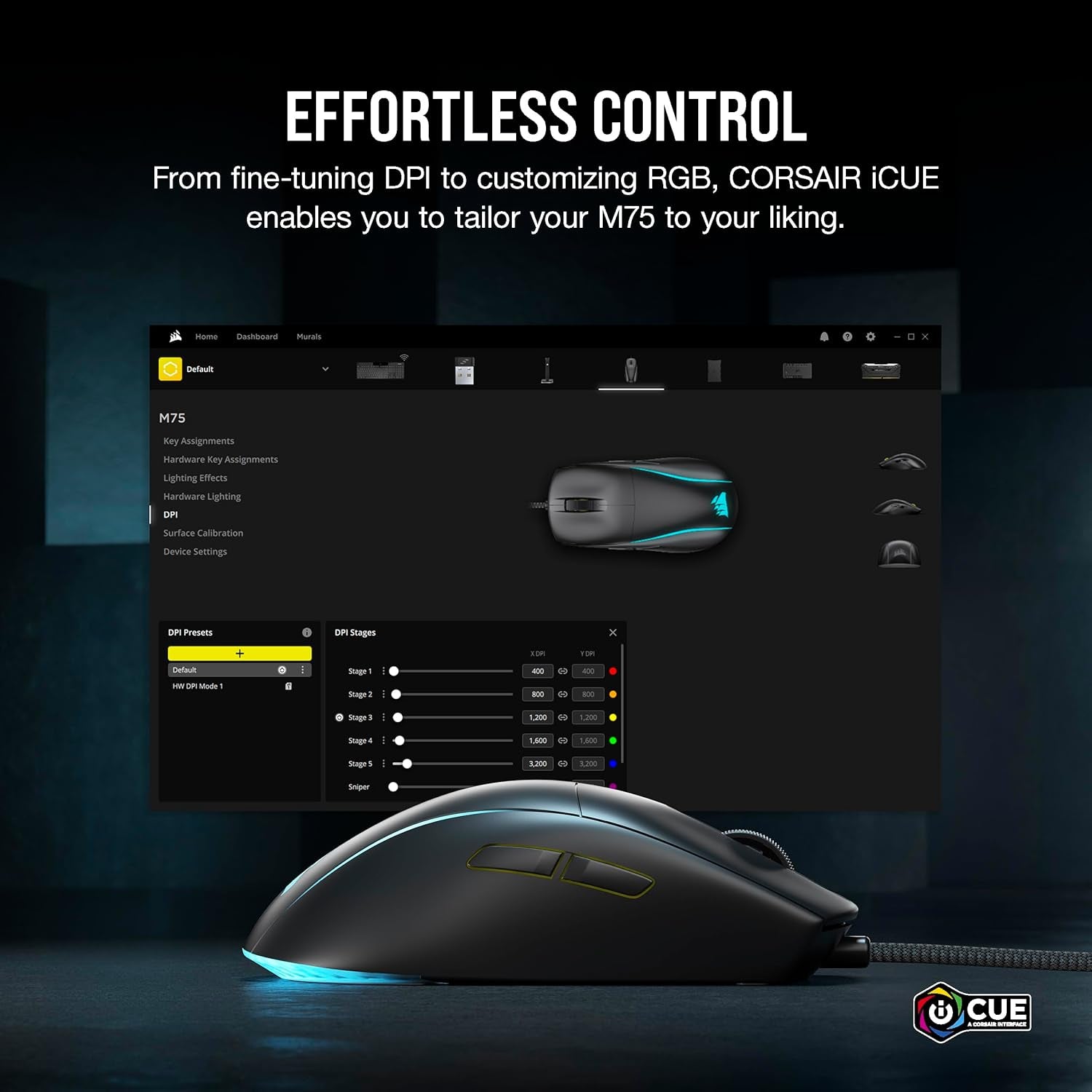 M75 Wired RGB Lightweight FPS Gaming Mouse – 26,000 DPI – Swappable Side Buttons – PC – Black