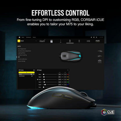 M75 Wired RGB Lightweight FPS Gaming Mouse – 26,000 DPI – Swappable Side Buttons – PC – Black