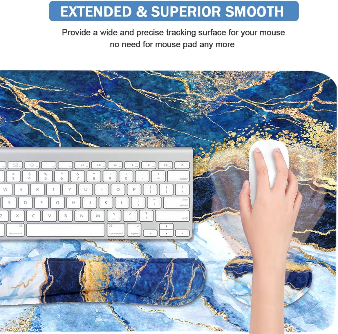 4-In-1 Large Gaming Mouse Pad, Keyboard Wrist Rest Pad & Wrist Support Mousepad Set, Extended Desk Pad Waterproof Desk Mat for Home Office Study Game - Blue Gold Marble