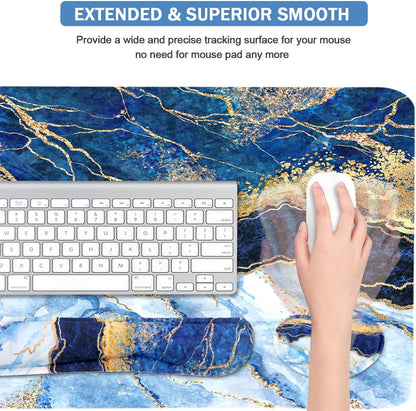 4-In-1 Large Gaming Mouse Pad, Keyboard Wrist Rest Pad & Wrist Support Mousepad Set, Extended Desk Pad Waterproof Desk Mat for Home Office Study Game - Blue Gold Marble