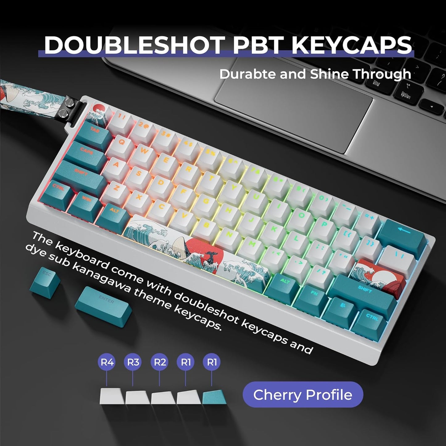 X XVX 60% Percent Keyboard with Strap, H61 Wired Aluminum Gaming Keyboard, Hot Swappable, Kanagawa Anime PBT Keycaps, RGB Backlit, Cherry Profile, Sound Absorbing Pads, Creamy Linear Switch