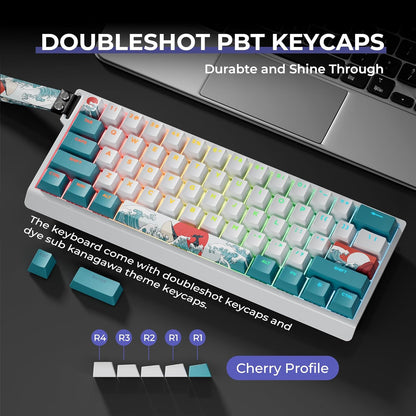 X XVX 60% Percent Keyboard with Strap, H61 Wired Aluminum Gaming Keyboard, Hot Swappable, Kanagawa Anime PBT Keycaps, RGB Backlit, Cherry Profile, Sound Absorbing Pads, Creamy Linear Switch