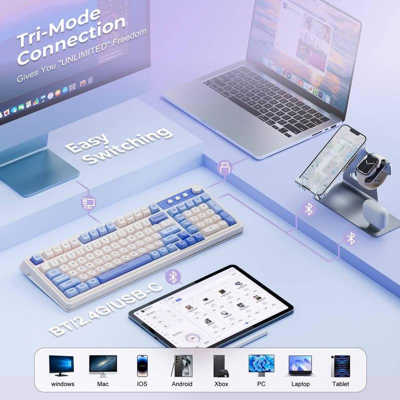 AULA S99 Key Keyboard, Tri-Mode Bluetooth/2.4Ghz/Usb-C Cute Creamy Gaming Keyboard with Number Pad RGB Backlit, Media Knob Custom Mechanical Feel Computer Keyboard for MAC Xbox PC Gamer - Purple S99 Keyboard Fixed Keycaps & Switches (Non-Replaceable)
