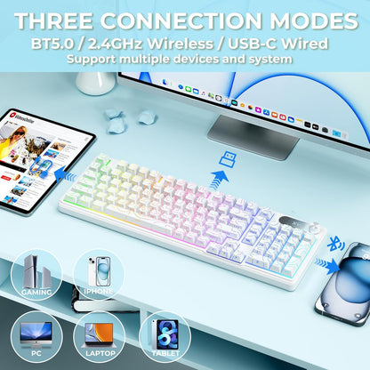 White Topographic Gaming Keyboard, 99 Keys Membrane Wireless Keyboard with Logo Display & Knob, Bluetooth/2.4Ghz/Usb-C Computer Keyboards,Rgb Office Keyboards for MAC Xbox PC Gamer-K98 White