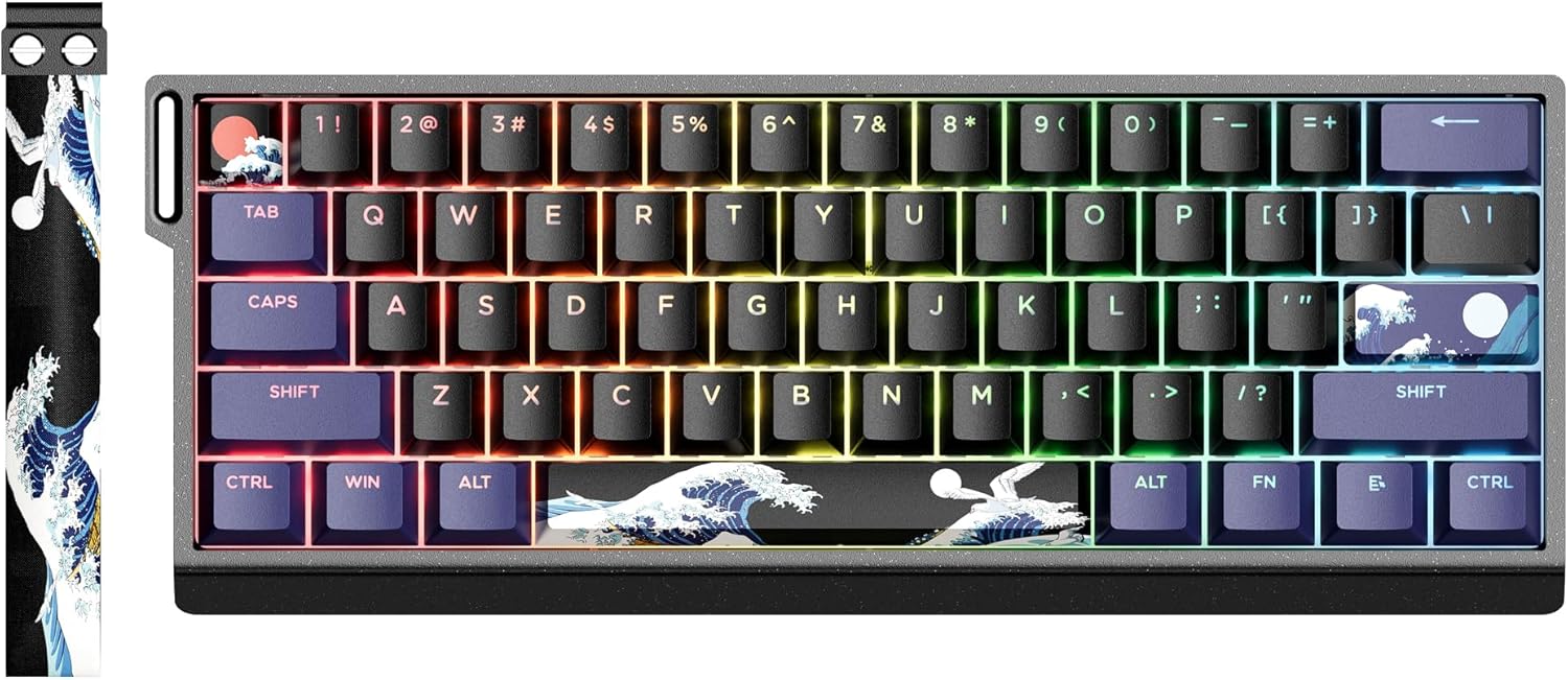X XVX 60% Percent Keyboard with Strap, H61 Wired Aluminum Gaming Keyboard, Hot Swappable, Kanagawa Anime PBT Keycaps, RGB Backlit, Cherry Profile, Sound Absorbing Pads, Creamy Linear Switch