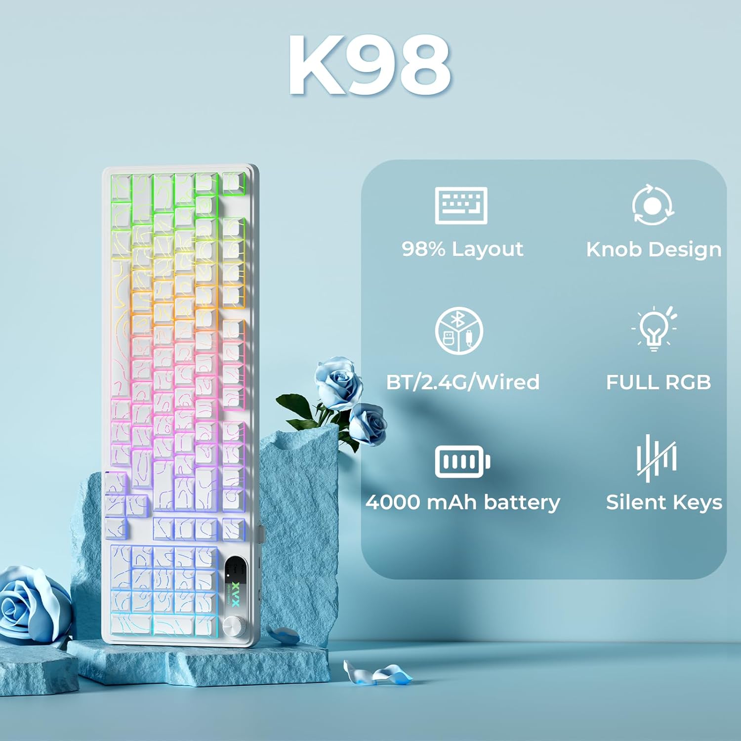 White Topographic Gaming Keyboard, 99 Keys Membrane Wireless Keyboard with Logo Display & Knob, Bluetooth/2.4Ghz/Usb-C Computer Keyboards,Rgb Office Keyboards for MAC Xbox PC Gamer-K98 White