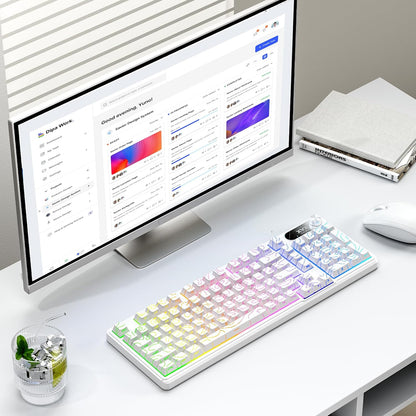 White Topographic Gaming Keyboard, 99 Keys Membrane Wireless Keyboard with Logo Display & Knob, Bluetooth/2.4Ghz/Usb-C Computer Keyboards,Rgb Office Keyboards for MAC Xbox PC Gamer-K98 White