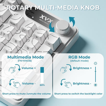 White Topographic Gaming Keyboard, 99 Keys Membrane Wireless Keyboard with Logo Display & Knob, Bluetooth/2.4Ghz/Usb-C Computer Keyboards,Rgb Office Keyboards for MAC Xbox PC Gamer-K98 White