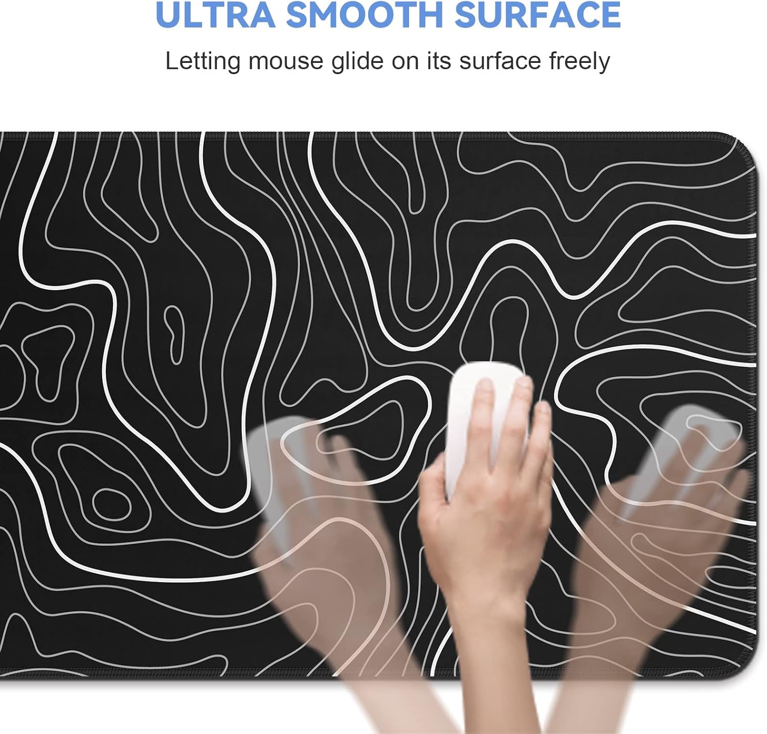 Mouse Pad Gaming Mousepad 31.5 X 11.8In Large Mouse Pad for Keyboard and Mouse with Anti-Slip Rubber Base, Keyboard Pad XL Mouse Mat for Home and Office（Black with White Topographic Line）