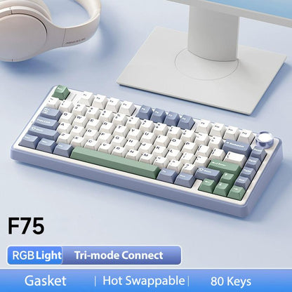 Official AULA F75 75% Wireless Mechanical Gaming Keyboard with Hot Swappable Tri-Mode USB Charging Keyboard RGB Rainbow Backlight Knob Control Gaming Cream Keyboard Budget Keyboard Bluetooth Office PC Accessories Dealsforyoudays Back School Supplies