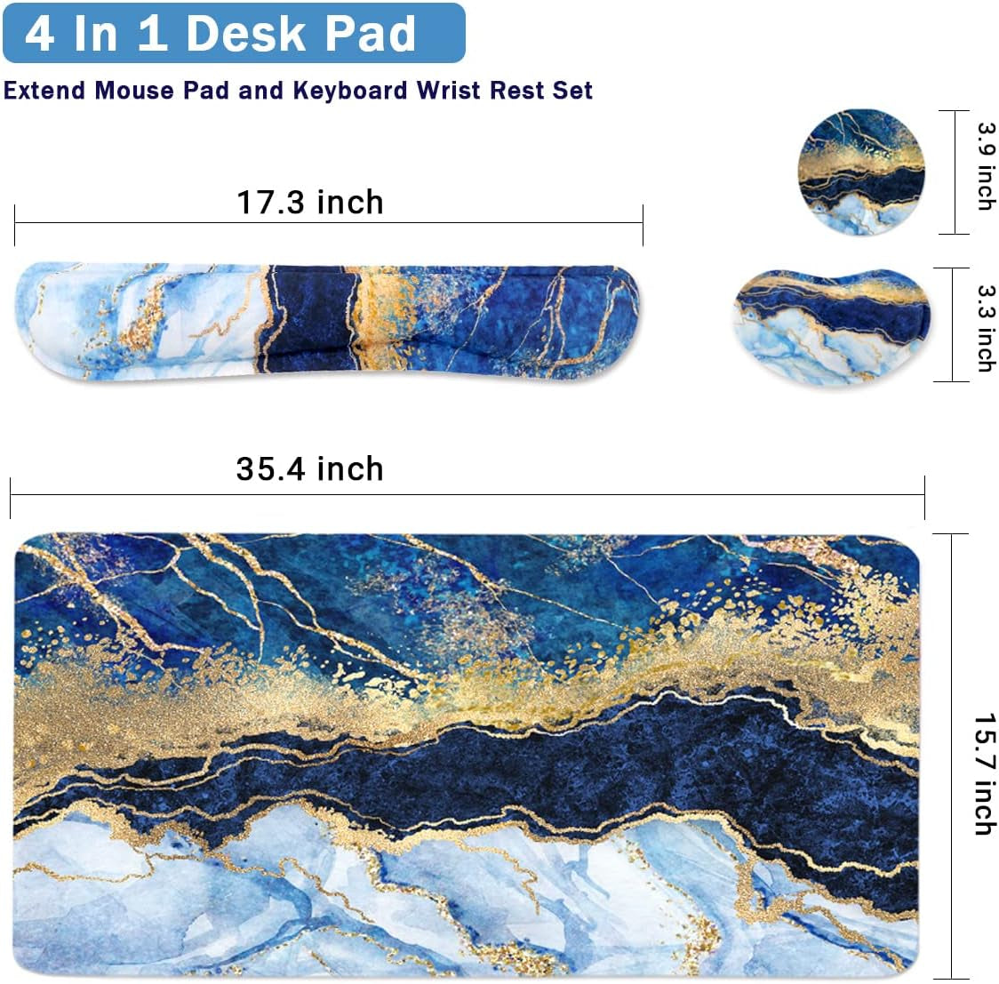 4-In-1 Large Gaming Mouse Pad, Keyboard Wrist Rest Pad & Wrist Support Mousepad Set, Extended Desk Pad Waterproof Desk Mat for Home Office Study Game - Blue Gold Marble