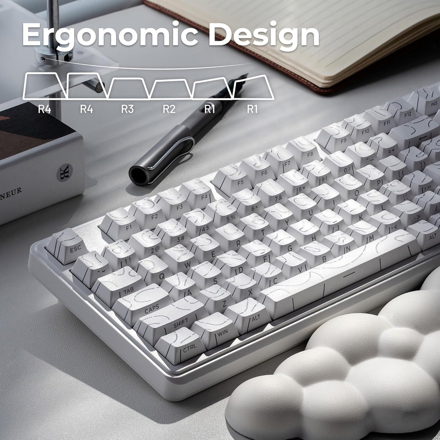 White Topographic Gaming Keyboard, 99 Keys Membrane Wireless Keyboard with Logo Display & Knob, Bluetooth/2.4Ghz/Usb-C Computer Keyboards,Rgb Office Keyboards for MAC Xbox PC Gamer-K98 White