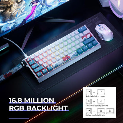 X XVX 60% Percent Keyboard with Strap, H61 Wired Aluminum Gaming Keyboard, Hot Swappable, Kanagawa Anime PBT Keycaps, RGB Backlit, Cherry Profile, Sound Absorbing Pads, Creamy Linear Switch