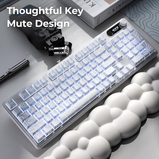 White Topographic Gaming Keyboard, 99 Keys Membrane Wireless Keyboard with Logo Display & Knob, Bluetooth/2.4Ghz/Usb-C Computer Keyboards,Rgb Office Keyboards for MAC Xbox PC Gamer-K98 White