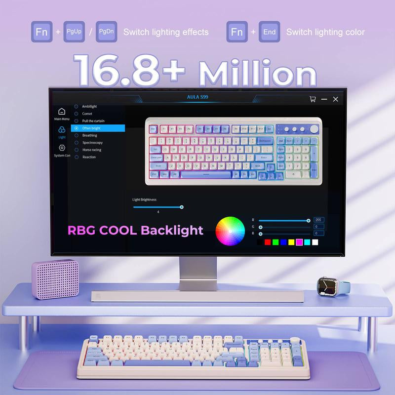 AULA S99 Key Keyboard, Tri-Mode Bluetooth/2.4Ghz/Usb-C Cute Creamy Gaming Keyboard with Number Pad RGB Backlit, Media Knob Custom Mechanical Feel Computer Keyboard for MAC Xbox PC Gamer - Purple S99 Keyboard Fixed Keycaps & Switches (Non-Replaceable)