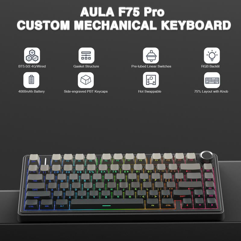 AULA F75 Pro Mechanical Keyboard RGB Backlit 2.4G Wireless Bluetooth Hot-Swappable Gaming Keyboard for Gamers Gaming PC Accessories Gasket Custom Creamy Keyboard Tiktokshopbacktoschool