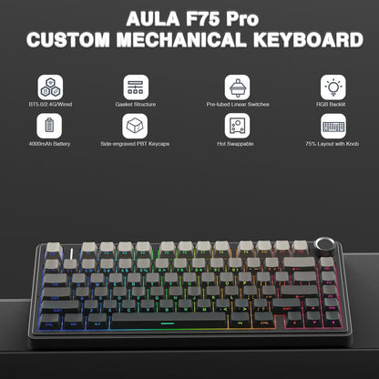 AULA F75 Pro Mechanical Keyboard RGB Backlit 2.4G Wireless Bluetooth Hot-Swappable Gaming Keyboard for Gamers Gaming PC Accessories Gasket Custom Creamy Keyboard Tiktokshopbacktoschool