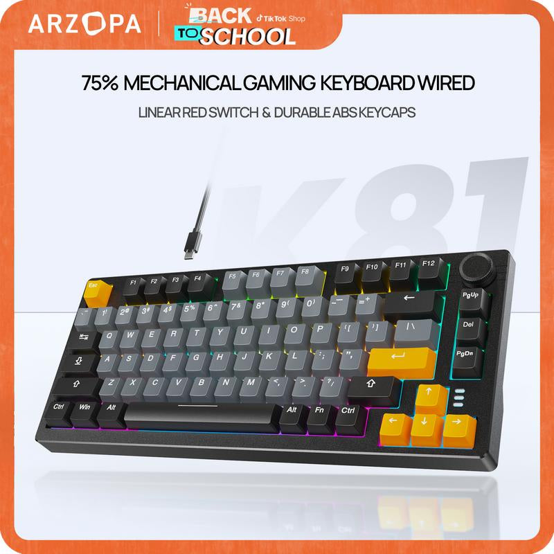ARZOPA 75% Mechanical Gaming Keyboard Wired, RGB Backlit 81 Keys Compact Mechanical Keyboard Socket Dedicated Red Switch Gasket Mount Keyboard Knob Volume Control Linear Sound Absorbing Pads for Game and Office, Suitable for Windows Laptop PC Mac
