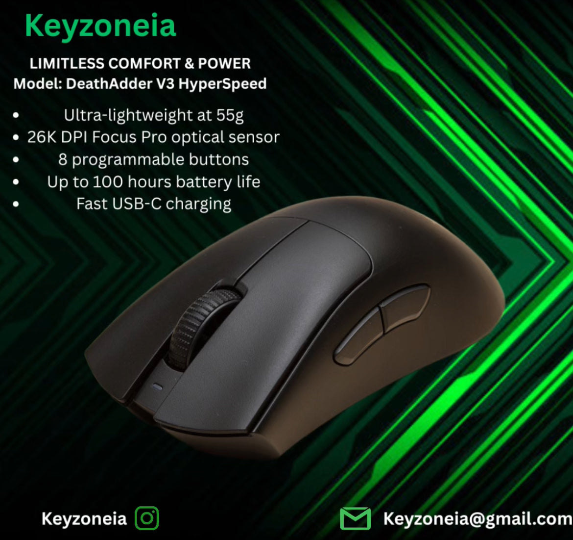 DeathAdder V3 HyperSpeed – 55g, 26K DPI, 8 Buttons, 100h Battery, USB-C, Black