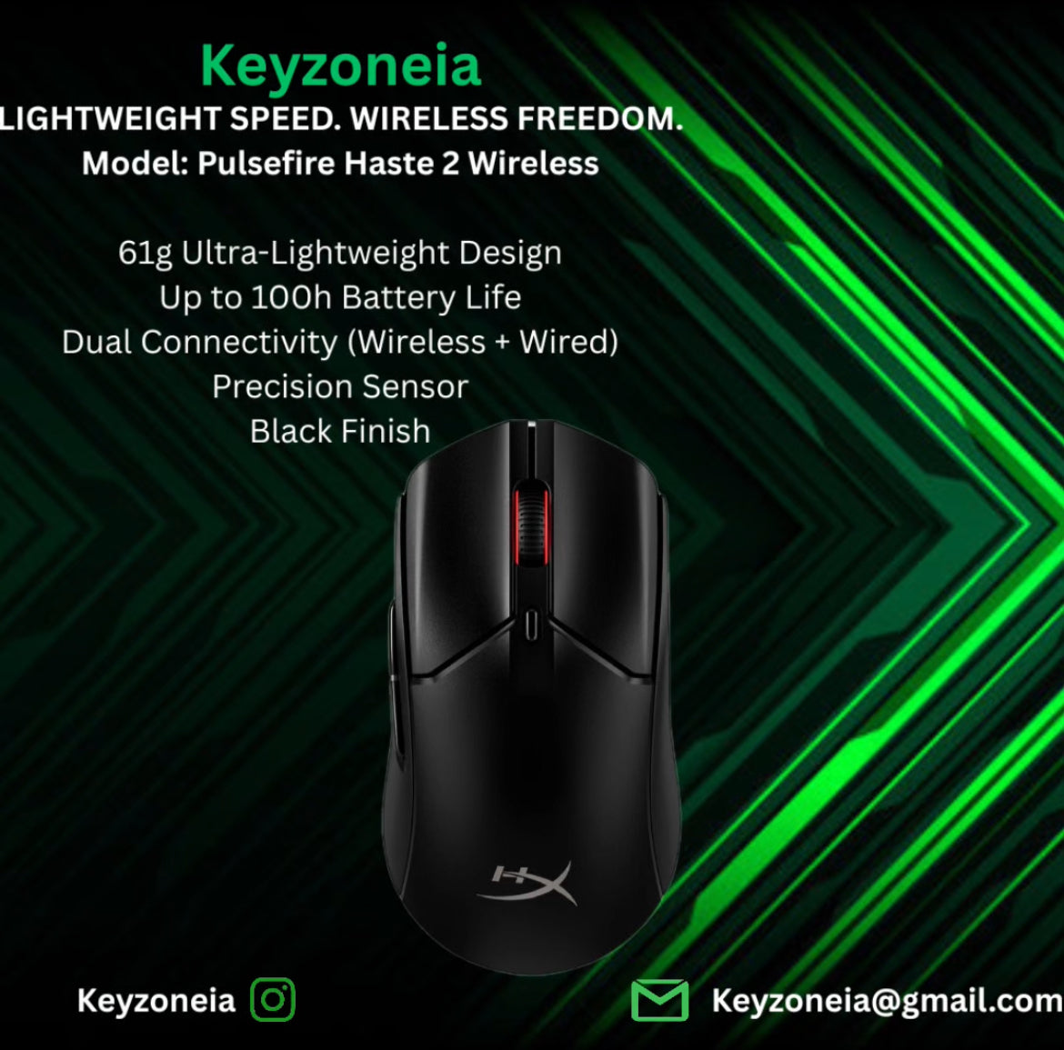 Pulsefire Haste 2 Wireless – 61g, 100h Battery, Dual Connectivity, Precision Sensor, Black