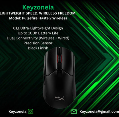 Pulsefire Haste 2 Wireless – 61g, 100h Battery, Dual Connectivity, Precision Sensor, Black