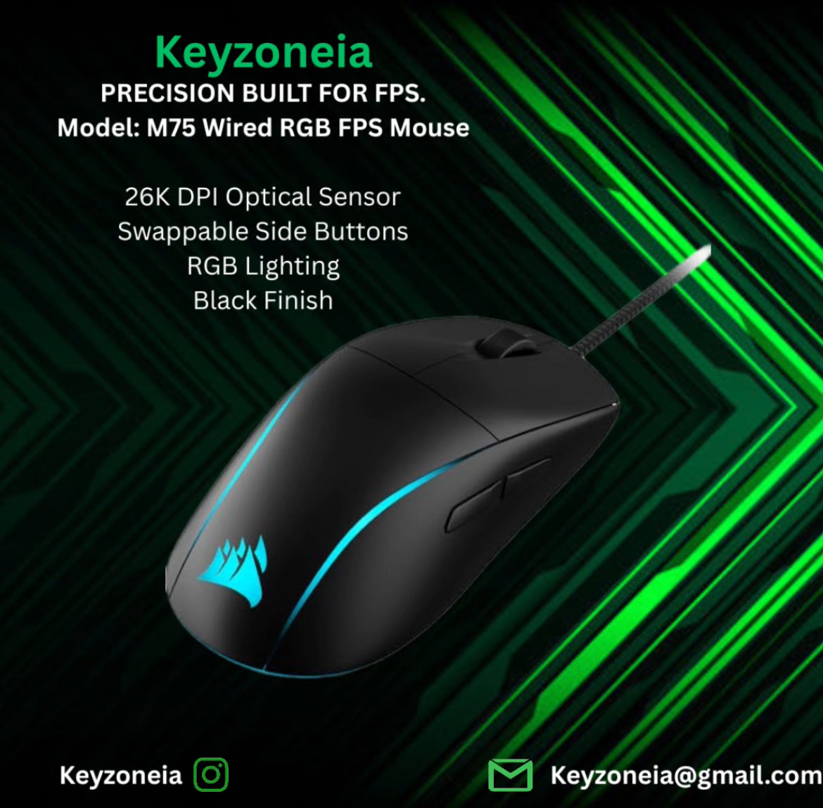 M75 Wired RGB FPS Mouse – 26K DPI, Swappable Side Buttons, Black