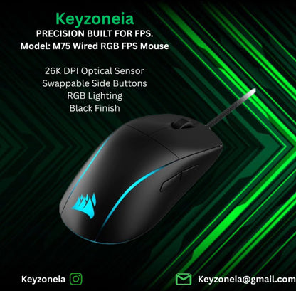 M75 Wired RGB FPS Mouse – 26K DPI, Swappable Side Buttons, Black