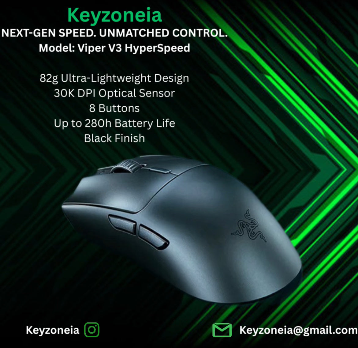 Viper V3 HyperSpeed – 82g, 30K DPI, 8 Buttons, 280h Battery, Black