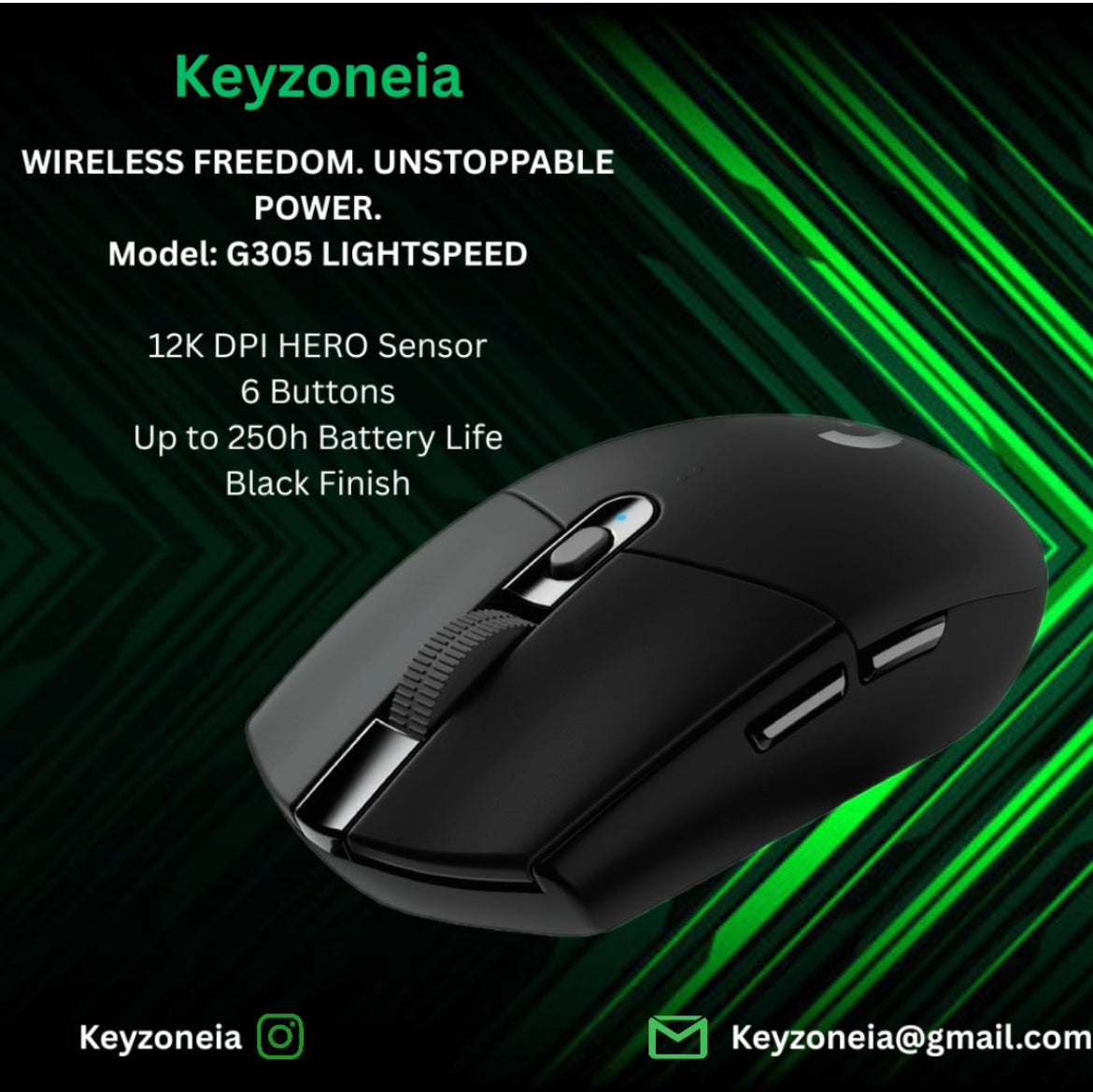 G305 LIGHTSPEED – 12K DPI Hero Sensor, 6 Buttons, 250h Battery, Black