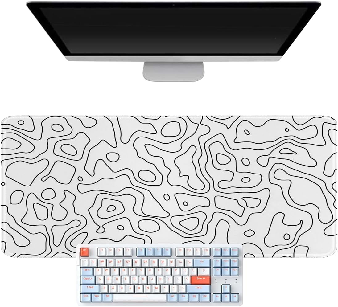 White Topographic Mouse Pad,Xxl 15.7X35.4 Inch Large Gaming Mouse Mat,Non-Slip Base Desk Mat,Extended Game Mousepad Keyboard Pad Long Desk Pad for Computer,Keyboard,Home,Office