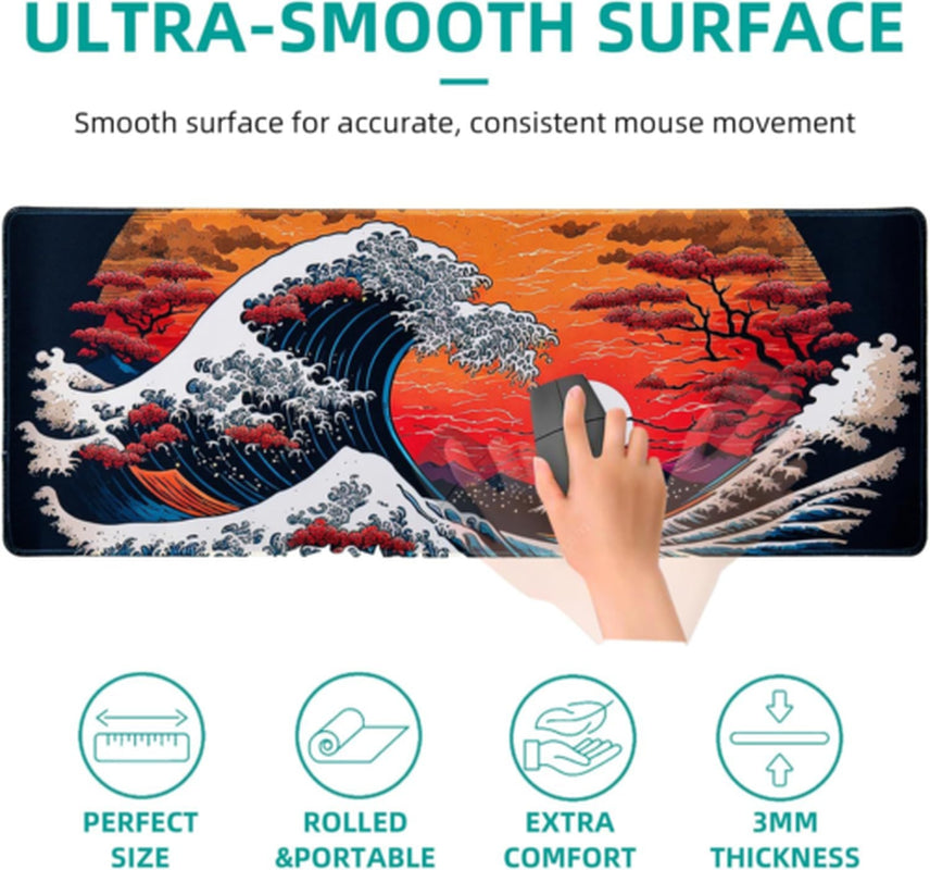 Japanese Sea Waves Large Gaming Mouse Pad for Desk, Desk 31.5" X 11.8", Red